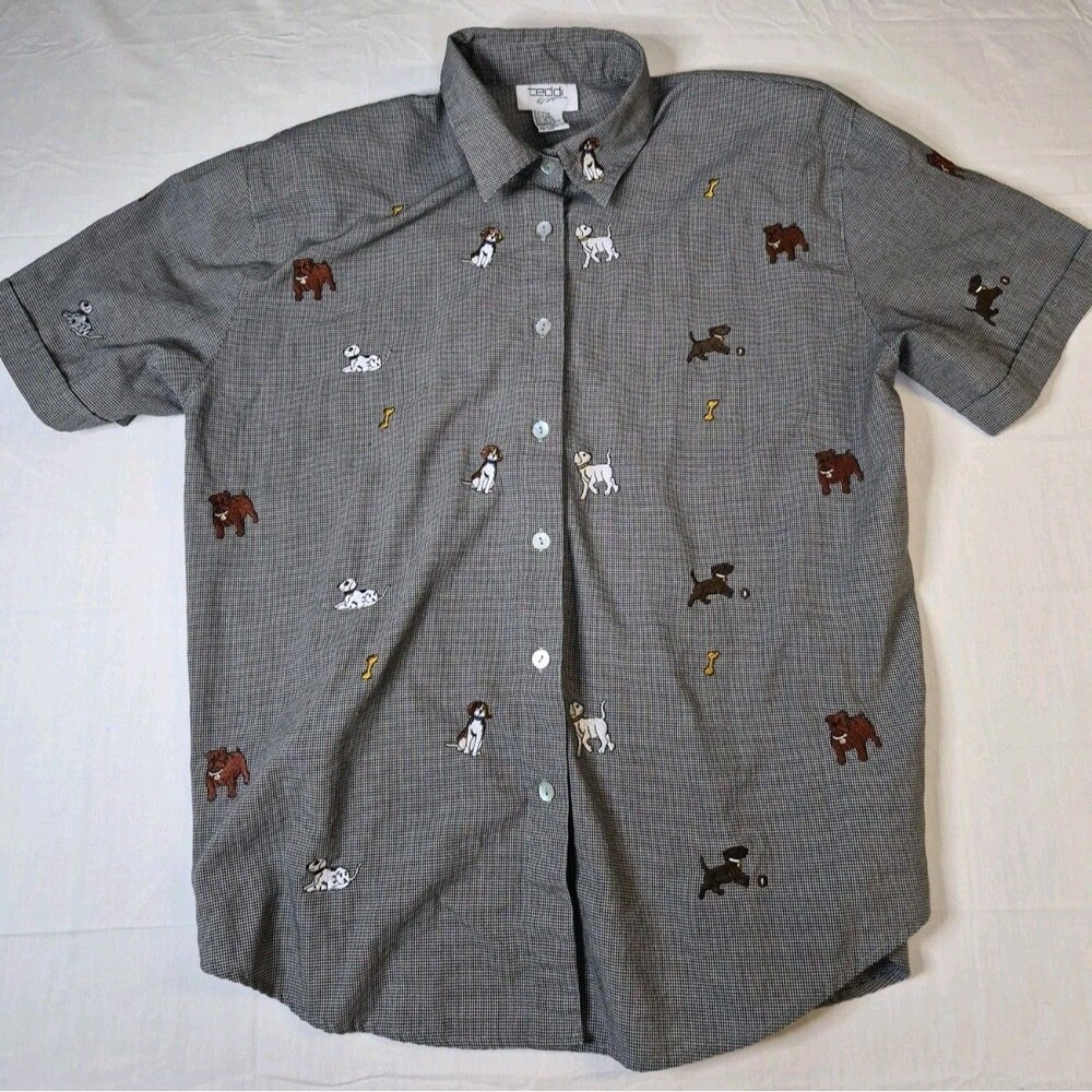 Teddi Shirt Men's Size Large Gray Dog Print Short Sleeve Button Up Veterinary